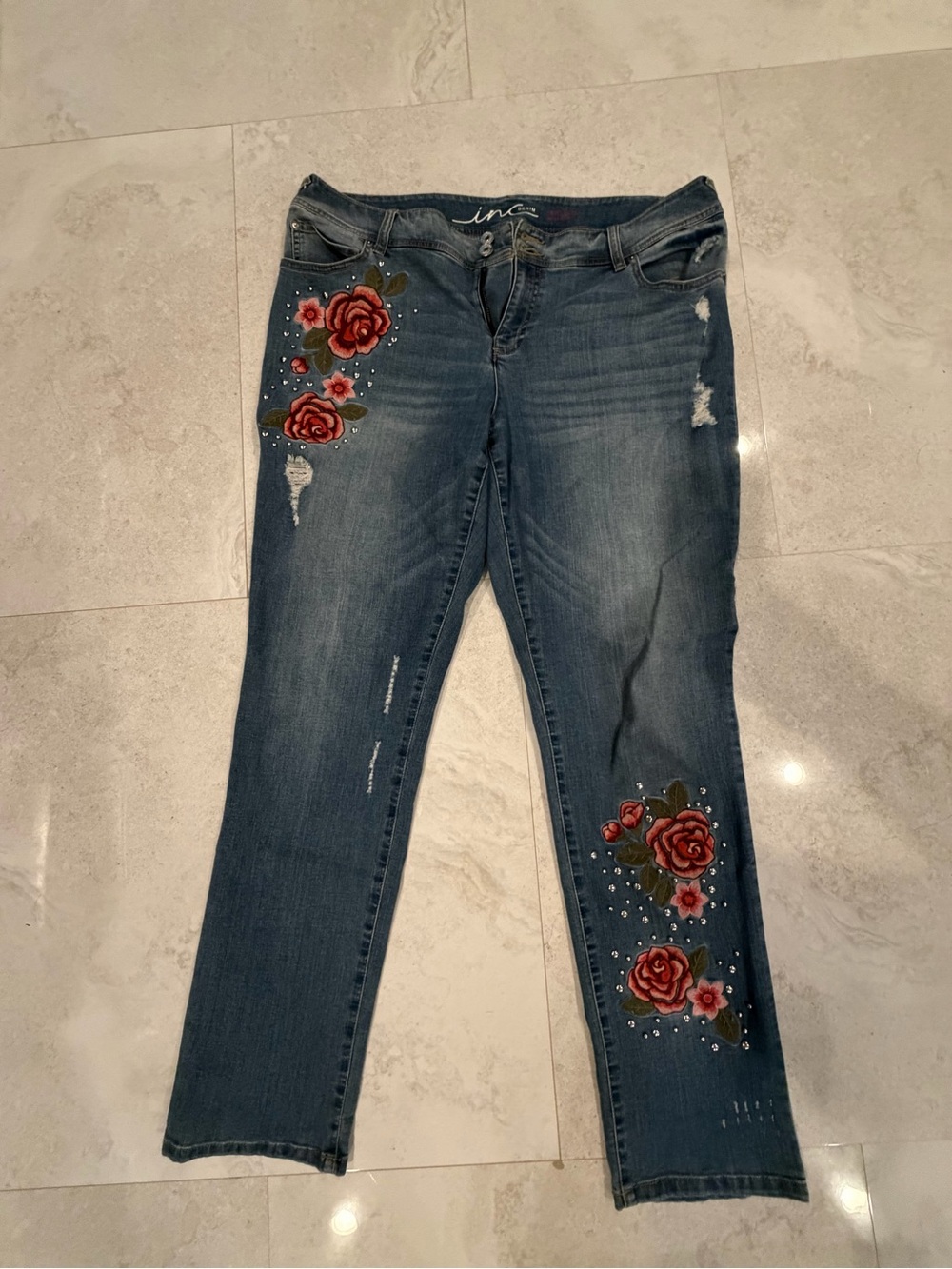 INC International Concepts Denim Jeans with Red Rose Embroidery